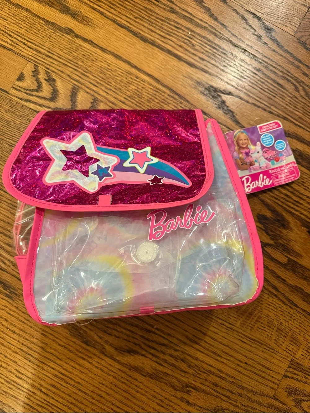 Barbie Bright Pink Glitter Star Bag with Pastel Multicolor Plush Unicorn